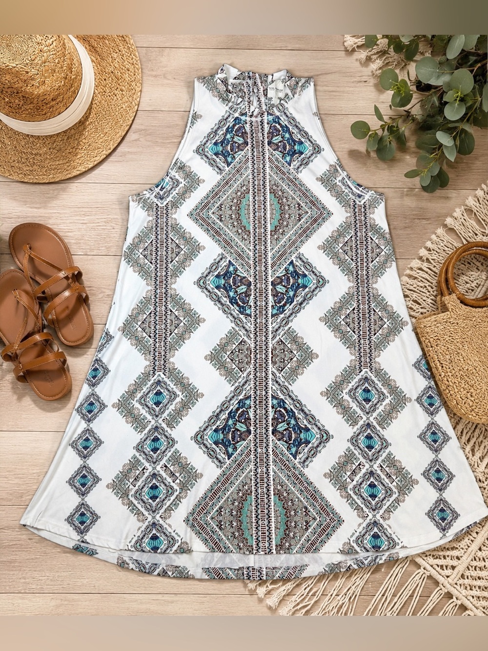 Blu Pepper Boho Geometric Print Swing Dress Size Large Sleeveless Mock Neck